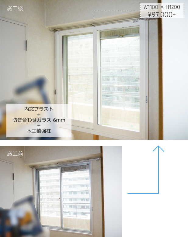 内窓プラスト＋防音合わせガラス 6mm＋木工補強柱 W1100 × H1200　¥97,000-
